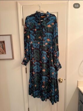 Oliphant Teal and Black Abstract Midi Dress with Peach Accents